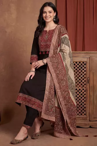 Black printed pure cotton kurta trouser dupatta set