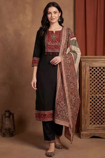 Black printed pure cotton kurta trouser dupatta set