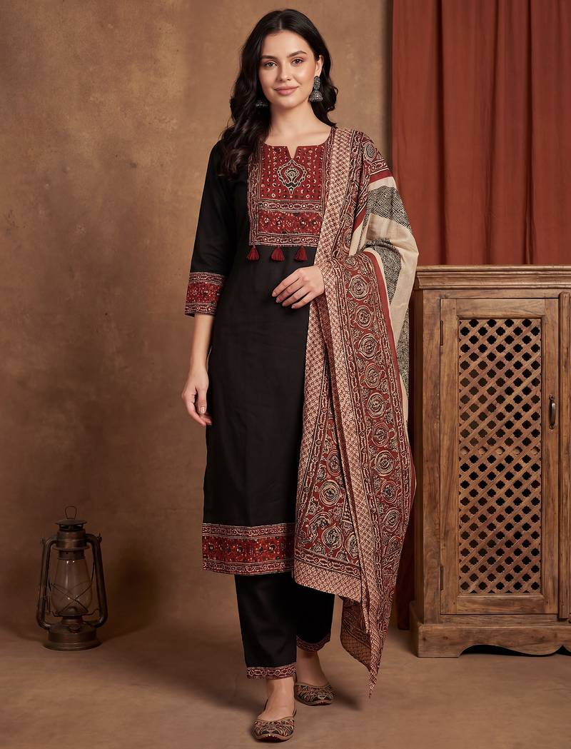 Black printed pure cotton kurta trouser dupatta set