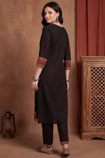Black printed pure cotton kurta trouser dupatta set