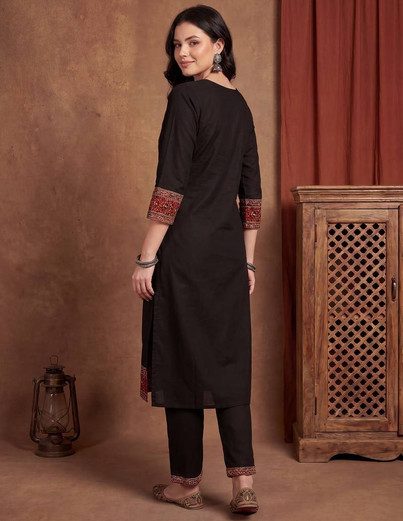 Black printed pure cotton kurta trouser dupatta set