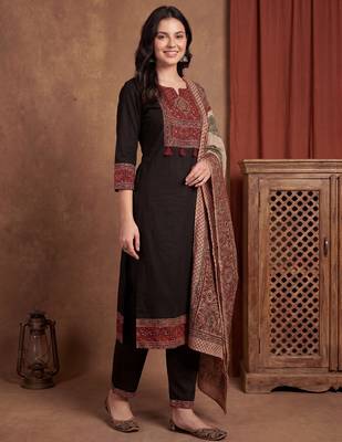 Black printed pure cotton kurta trouser dupatta set 4