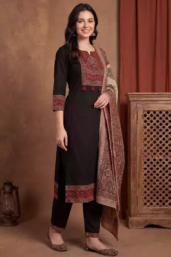 Black printed pure cotton kurta trouser dupatta set