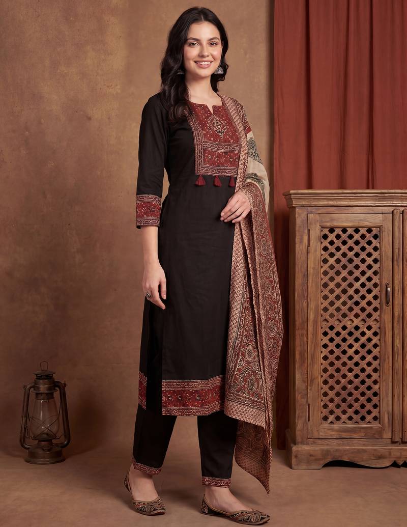 Black printed pure cotton kurta trouser dupatta set