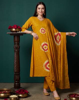 Mustard printed pure cotton kurta trouser dupatta set 1
