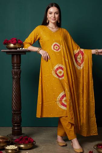 Mustard printed pure cotton kurta trouser dupatta set