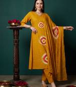 Mustard printed pure cotton kurta trouser dupatta set