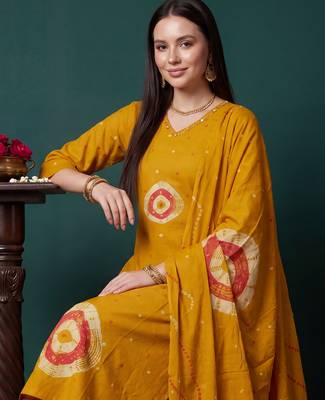 Mustard printed pure cotton kurta trouser dupatta set 2