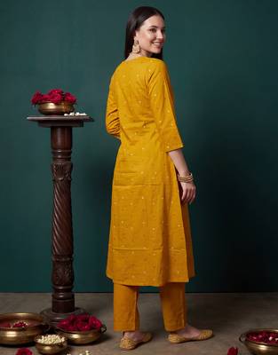 Mustard printed pure cotton kurta trouser dupatta set 3