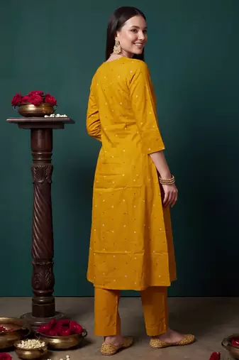 Mustard printed pure cotton kurta trouser dupatta set