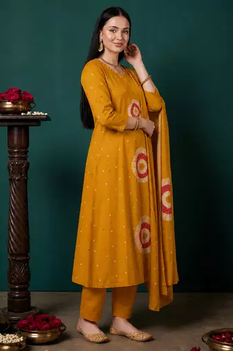 Mustard printed pure cotton kurta trouser dupatta set