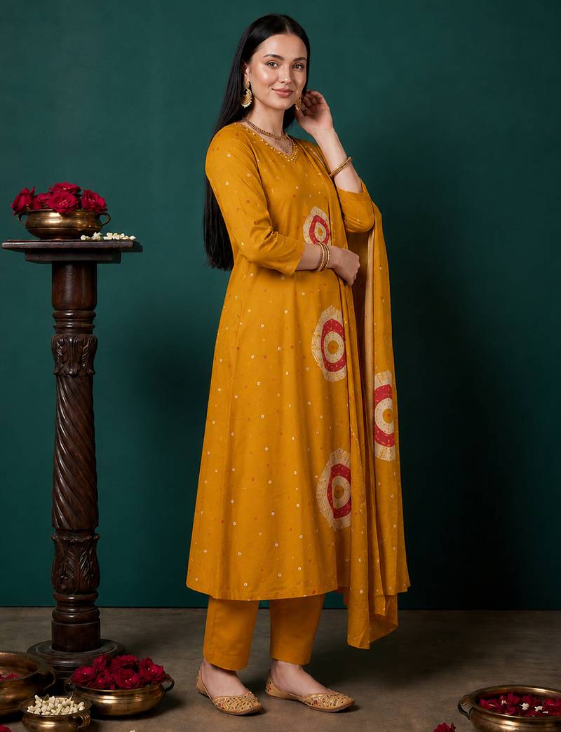 Mustard printed pure cotton kurta trouser dupatta set