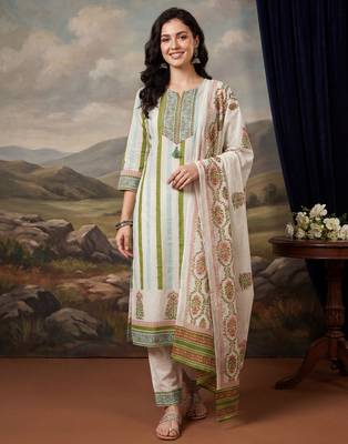 Off white printed pure cotton kurta trouser dupatta set 1