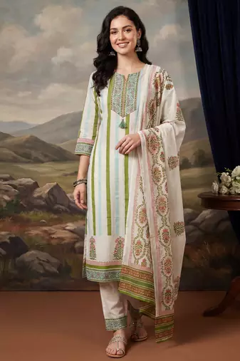 Off white printed pure cotton kurta trouser dupatta set