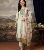 Off white printed pure cotton kurta trouser dupatta set