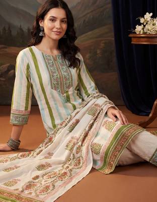 Off white printed pure cotton kurta trouser dupatta set 2