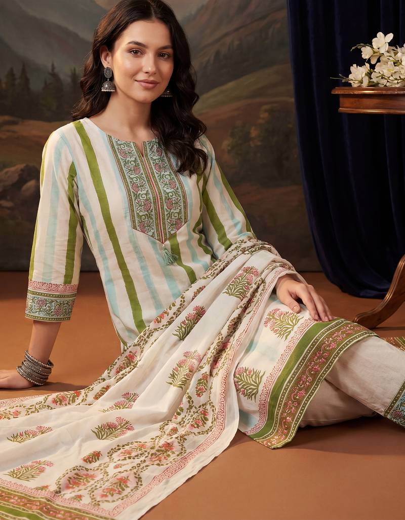 Off white printed pure cotton kurta trouser dupatta set
