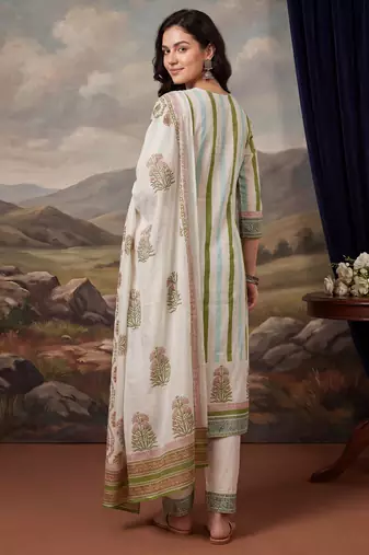 Off white printed pure cotton kurta trouser dupatta set