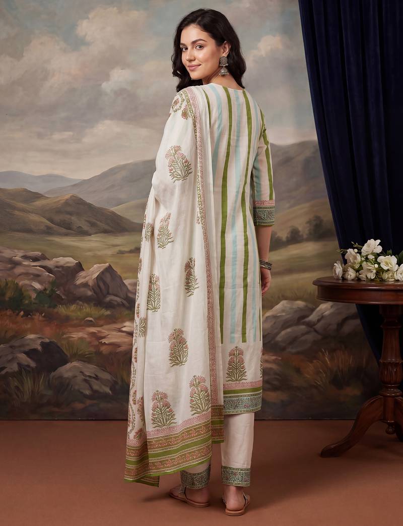 Off white printed pure cotton kurta trouser dupatta set