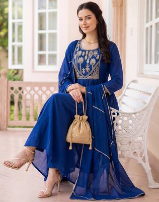 Blue embroidered silk blend kurta trouser dupatta set 1