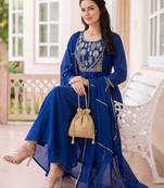 Blue embroidered silk blend kurta trouser dupatta set