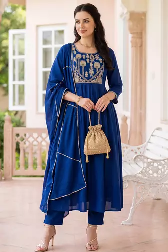Blue embroidered silk blend kurta trouser dupatta set