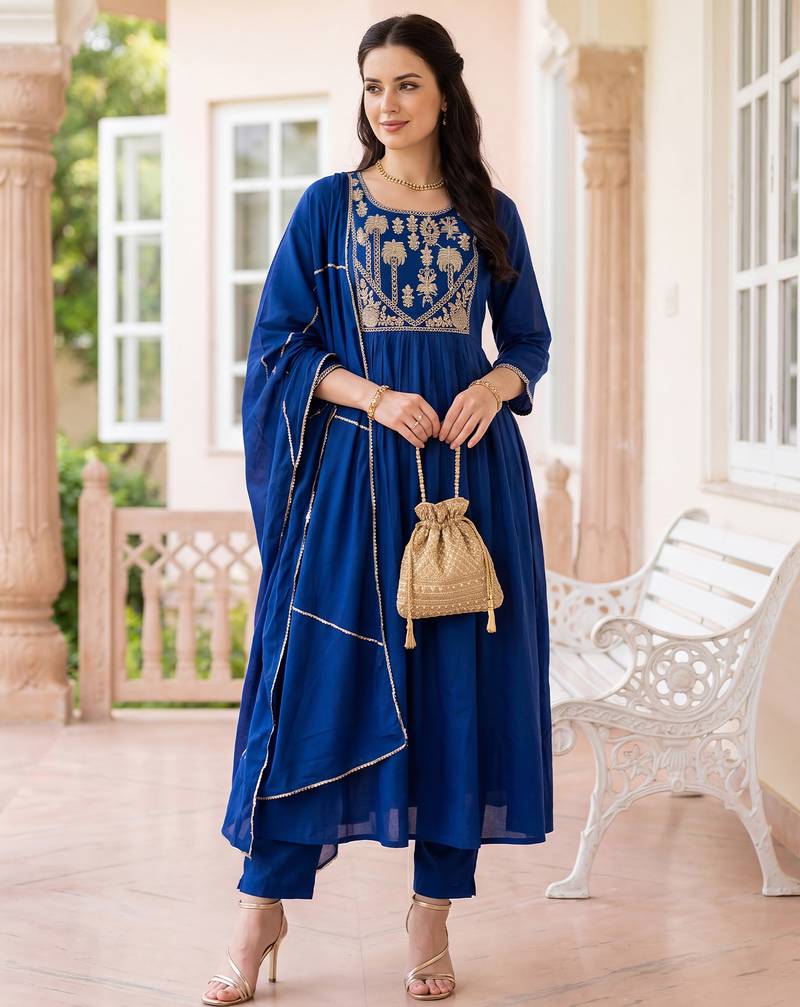 Blue embroidered silk blend kurta trouser dupatta set