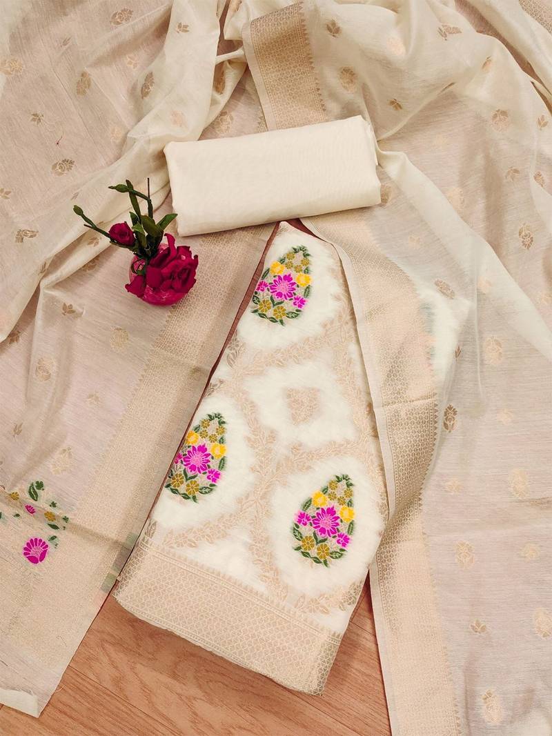 Floral Woven Design Cotton Silk Unstitched Dress Material