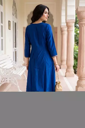Blue embroidered silk blend kurta trouser dupatta set
