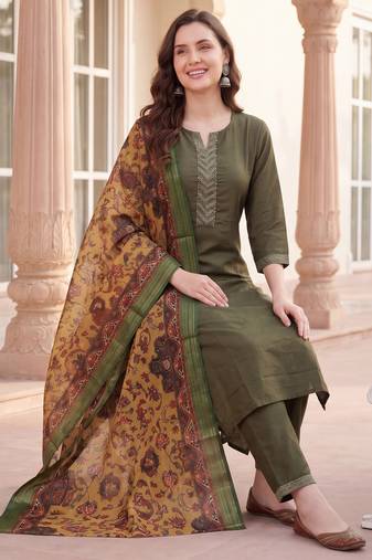Green yoke design silk blend kurta trouser dupatta set