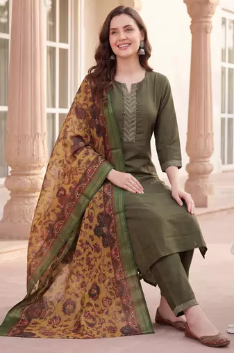 Green yoke design silk blend kurta trouser dupatta set