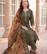 Green yoke design silk blend kurta trouser dupatta set