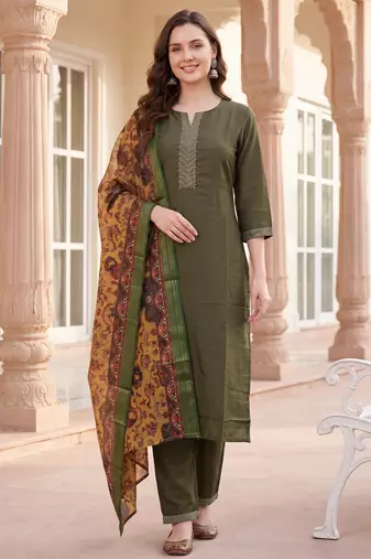 Green yoke design silk blend kurta trouser dupatta set