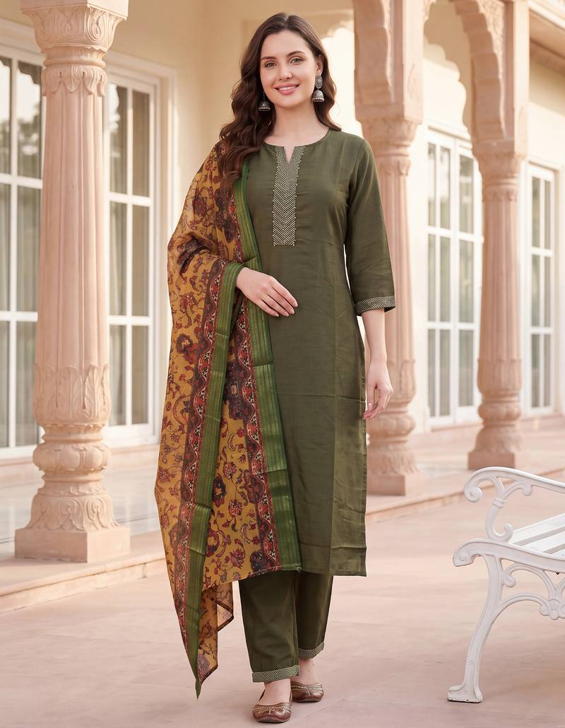 Green yoke design silk blend kurta trouser dupatta set
