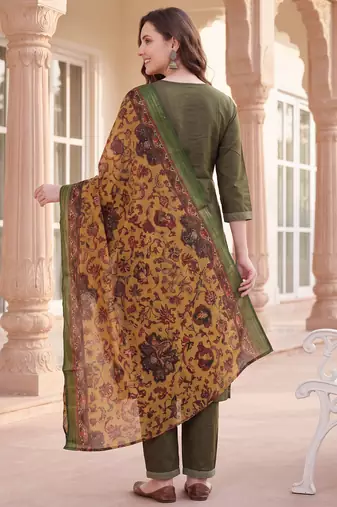 Green yoke design silk blend kurta trouser dupatta set