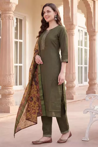 Green yoke design silk blend kurta trouser dupatta set