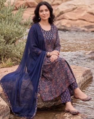 Purple printed pure cotton kurta trouser dupatta set 1