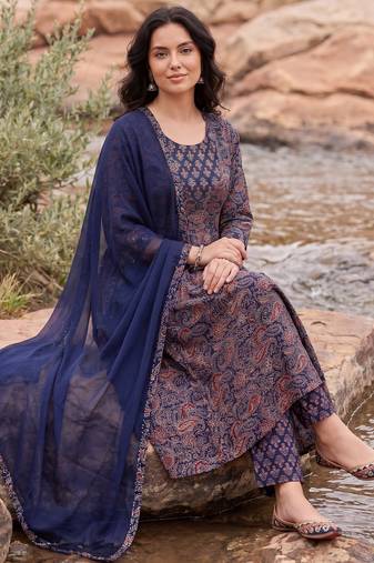 Purple printed pure cotton kurta trouser dupatta set