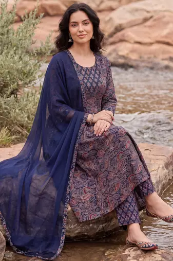 Purple printed pure cotton kurta trouser dupatta set