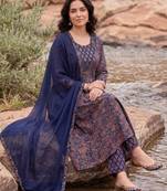 Purple printed pure cotton kurta trouser dupatta set