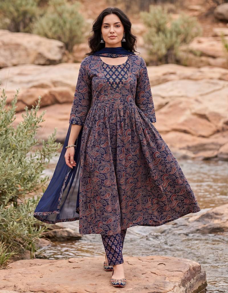 Purple printed pure cotton kurta trouser dupatta set