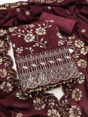 maroon vichitra silk embroidery work unstitched dress material 1