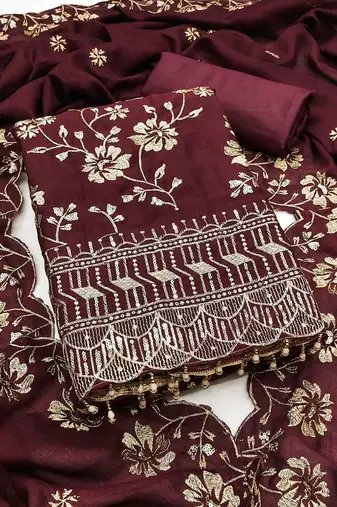 maroon vichitra silk embroidery work unstitched dress material