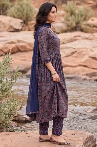 Purple printed pure cotton kurta trouser dupatta set