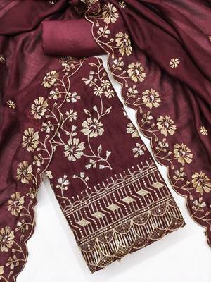 maroon vichitra silk embroidery work unstitched dress material 2