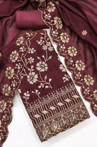 maroon vichitra silk embroidery work unstitched dress material