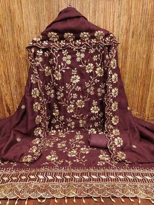 maroon vichitra silk embroidery work unstitched dress material 3