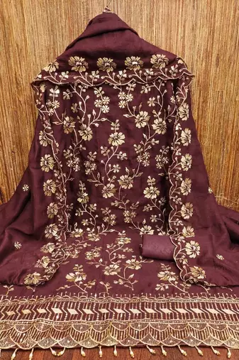 maroon vichitra silk embroidery work unstitched dress material