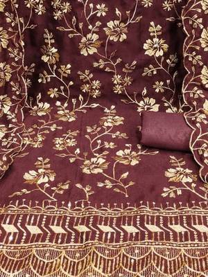 maroon vichitra silk embroidery work unstitched dress material 4