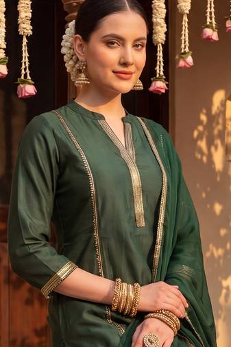 Green woven design liva kurta trouser dupatta set